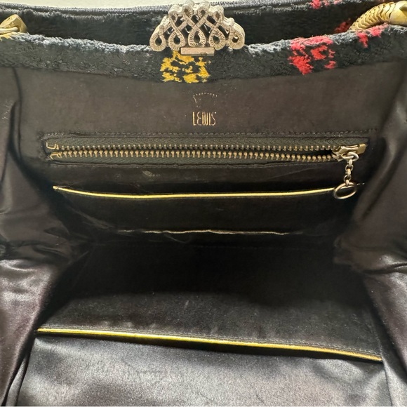 Vintage Crown Lewis Handbag Black w/ Gold Accents Floral Brocade - Picture 10 of 13